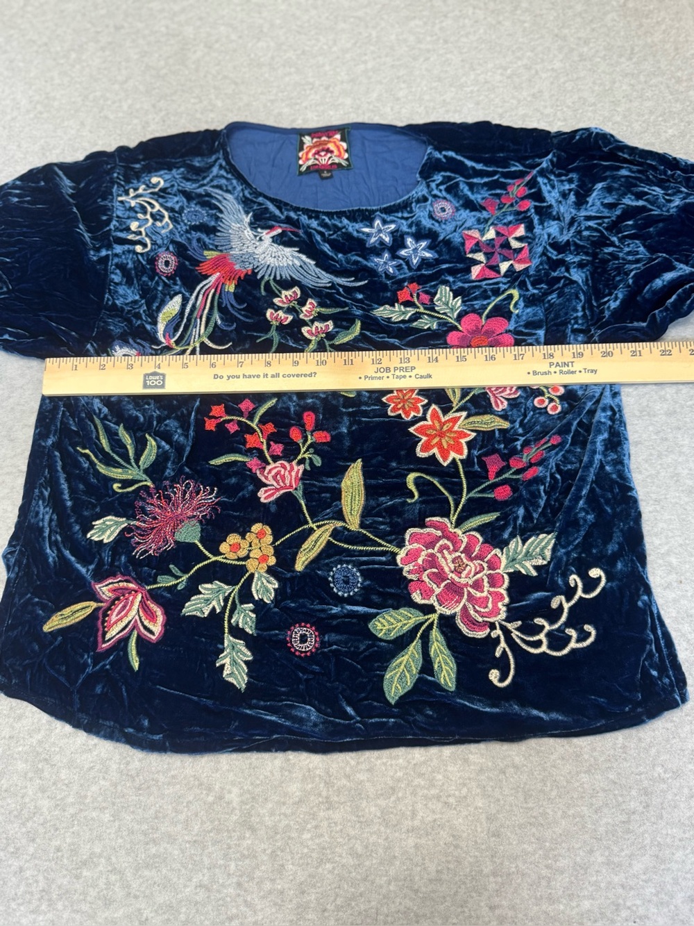 Johnny Was Navy Velvet Embroidered Floral & Bird Tunic Bohemian Women Size Sm - Picture 6 of 9